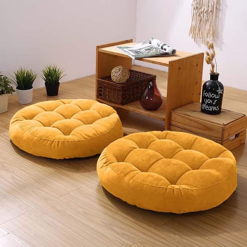 Gfobip Meditation Floor Pillow Set of 2 Large Round Floor Cushions for Adults Tufted Corduroy Floor Seat Pillows Cushion for Living Room,Yellow 16.5" Lx16.5 Wx3 H - Image 1