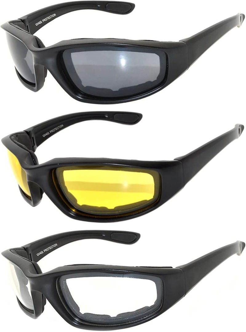 OWL 3 Pack Motorcycle Riding Glasses, Padded Sport Sunglasses, Assorted Colors for Men and Women - Image 1