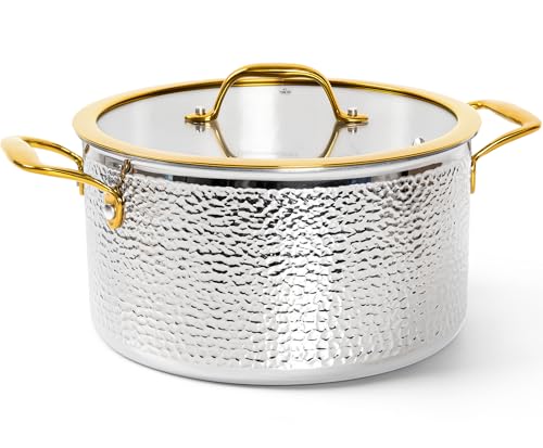 Michelangelo Triply Stainless Steel Stock Pot with Lid Luxury Hammered Stainless Steel 6 Quart Pot with Lid Golden Handle Premium Induction Stockpot 6QT - Image 1