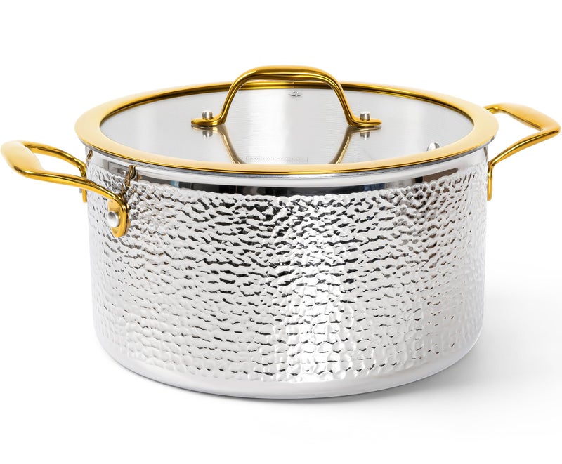 Michelangelo Triply Stainless Steel Stock Pot with Lid Luxury Hammered Stainless Steel 6 Quart Pot with Lid Golden Handle Premium Induction Stockpot 6QT - Image 2