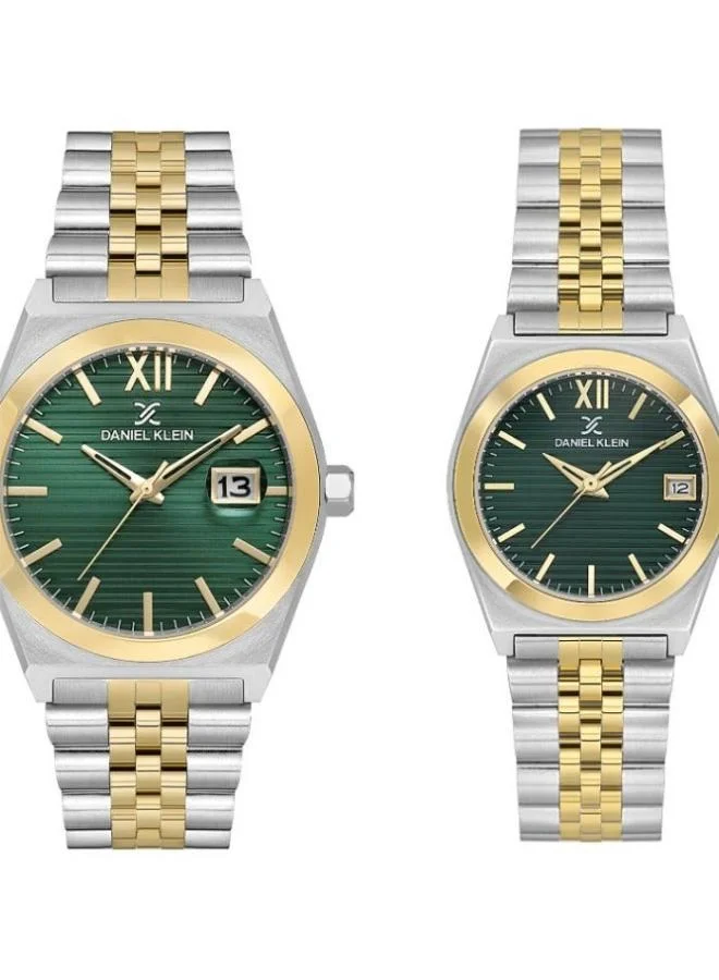 DANIEL KLEIN Unisex Stainless Steel Silver and Gold Steel Case Analog Dark Green Round Emboss Dial Japanese Quartz Pair 30-50 Meters Water Resistant
