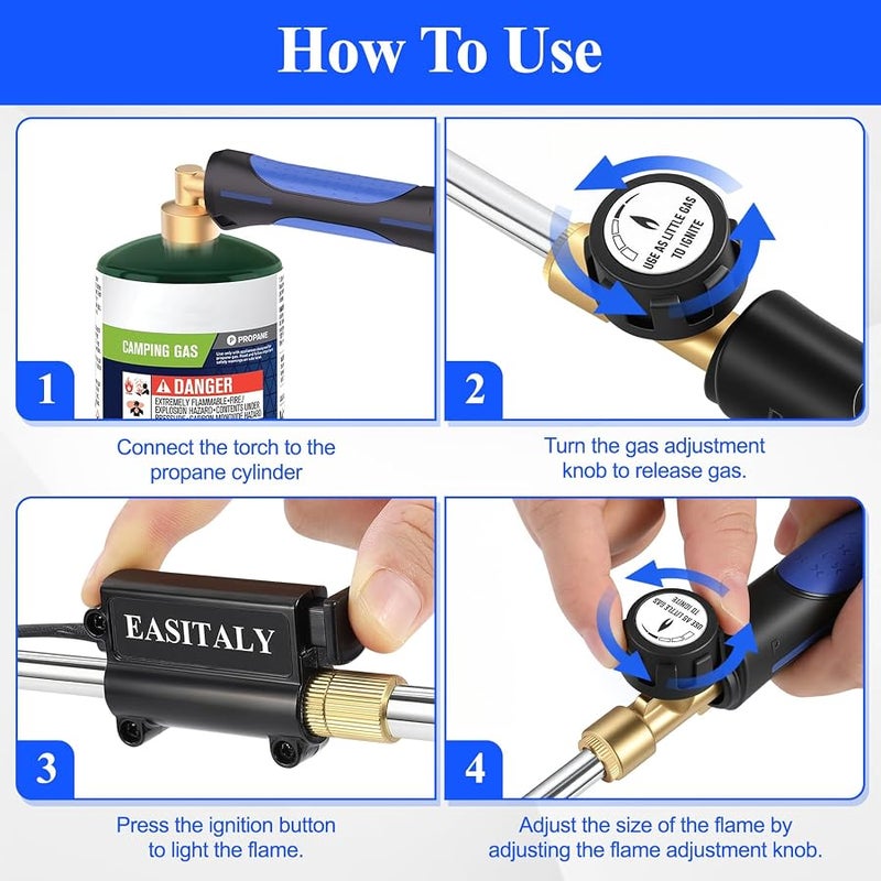 EASITALY Propane Weed Torch Burner, Heavy Duty Blow Torch with Self Ignition & Rubber Grip, Garden Weed Burner & Charcoal Starter for BBQ, Driveway, Snow Melting (Fuel Not Included) - Image 5
