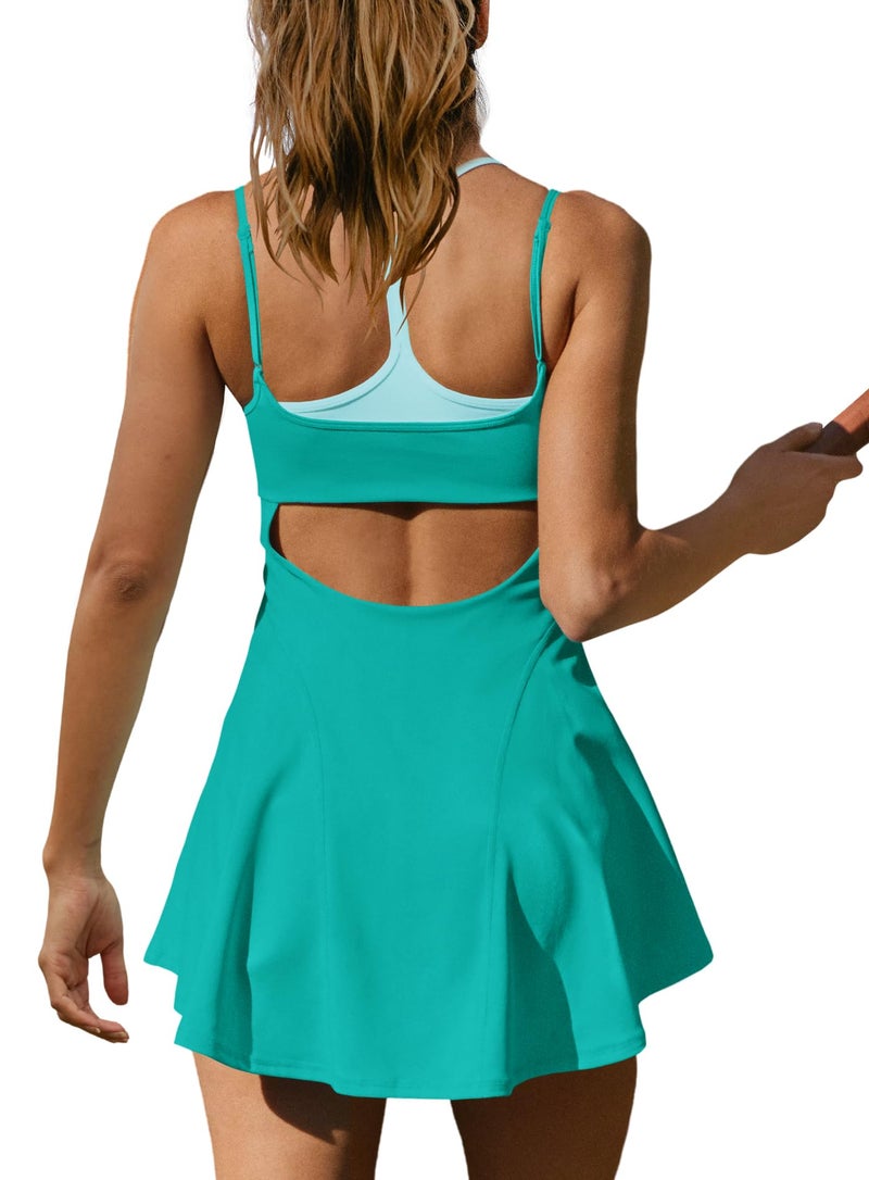 Yanekop Womens Tennis Dress with Built in Shorts and Bra Athletic Dresses Golf Outfits Spaghetti Strap Workout Dress(Ocean Green,M) - Image 4