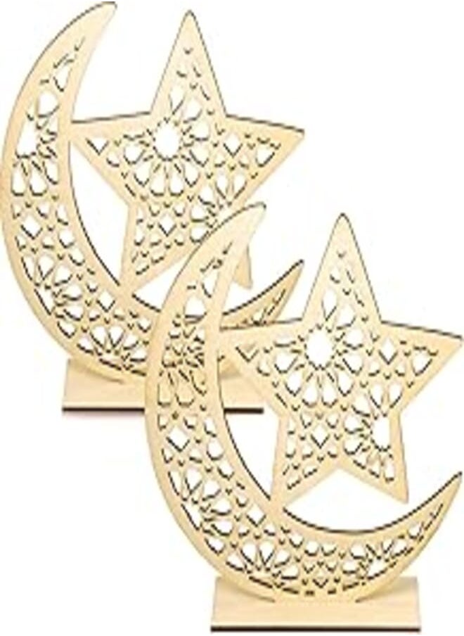 WILLBOND - WILLBOND 2 Sets Eid Mubarak Wooden Ornament Ramadan Wood Tabletop Decor Moon Star Hanging Pendant for Ramadan Mubarak Eid Decorations - Image 1