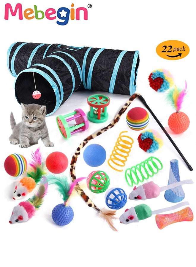 MEBEGIN 22PCS Cat Tunnel Set with Cat Teaser Stick, Cat Balls, Feather Toys and Other Cat toys, 3 Way Collapsible Cat Play Tunnel, Funny Interactive Cat Toys, Various Cat Enrichment Toys, Soft Safe Cat Toys(Random Color) - Image 1