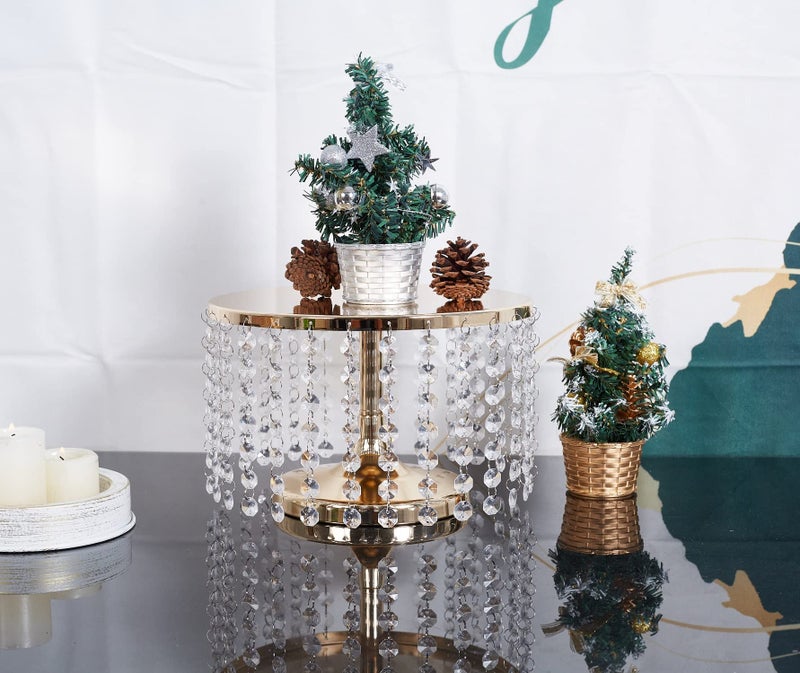 Bigsee Luxury Crystal Cake Display Plate, 10 inches Round Cupcake Holder Gold with Hanging Acrylic Beads, Wedding Birthday Party Table Pedestal Display Plate - Image 2