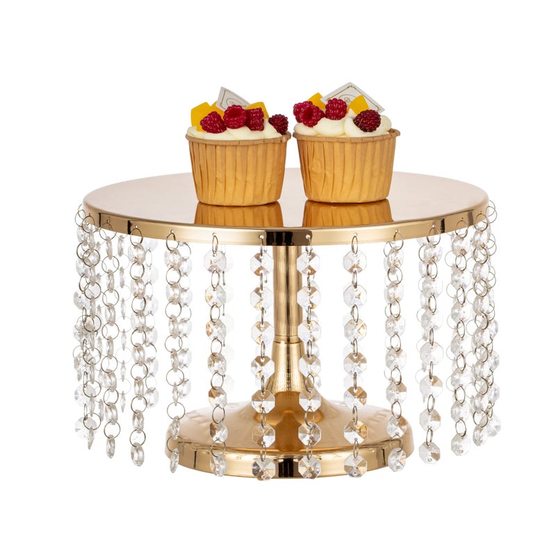 Bigsee Luxury Crystal Cake Display Plate, 10 inches Round Cupcake Holder Gold with Hanging Acrylic Beads, Wedding Birthday Party Table Pedestal Display Plate - Image 1