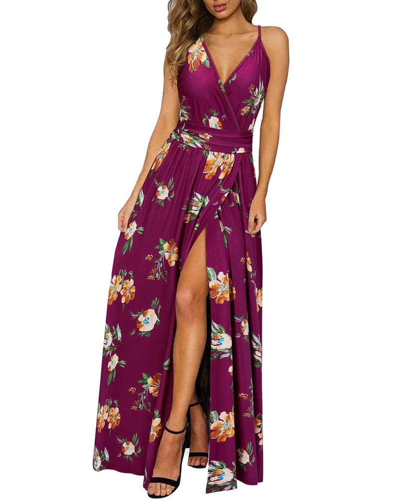 Newshows Women's Summer 2025 Dress V Neck Spaghetti Strap Beach Outfits Casual Floral Split Long Maxi Dress for Spring Wedding Guests(Red Floral Orange, Small) - Image 1