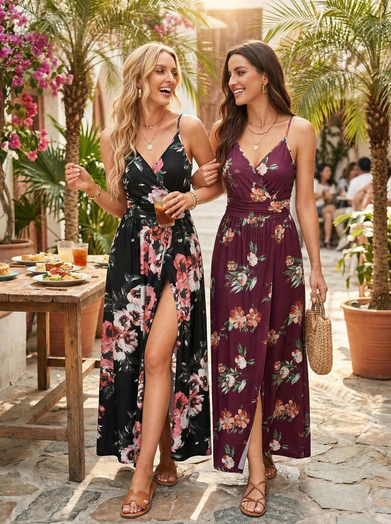 Newshows Women's Summer 2025 Dress V Neck Spaghetti Strap Beach Outfits Casual Floral Split Long Maxi Dress for Spring Wedding Guests(Red Floral Orange, Small) - Image 5