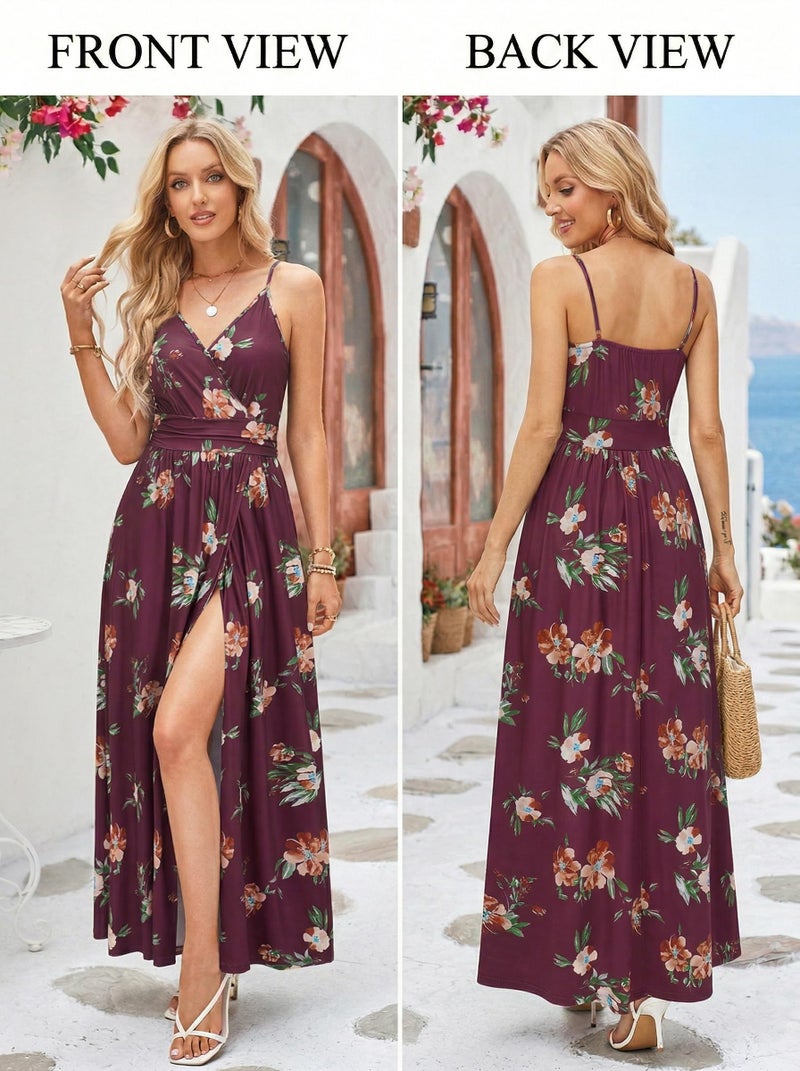 Newshows Women's Summer 2025 Dress V Neck Spaghetti Strap Beach Outfits Casual Floral Split Long Maxi Dress for Spring Wedding Guests(Red Floral Orange, Small) - Image 2