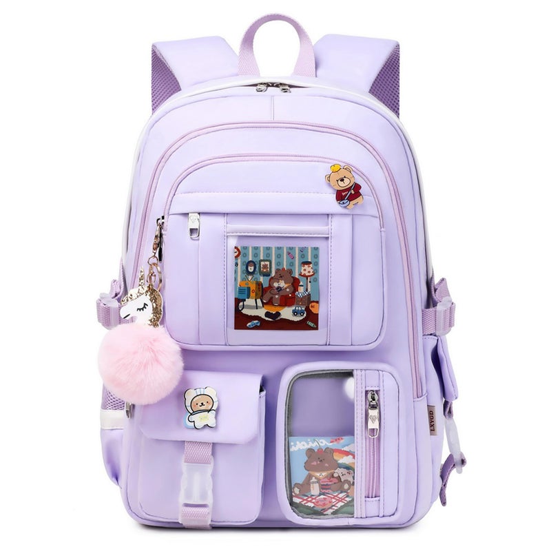 LXYGD Backpack for Girls with Accessories Laptop Bookbags 16 Inch Kawaii Kids Elementary Middle High School Bag College Travel Daypack Gifts for Teens Women Students Purple - Image 2