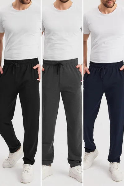 ميتاليك Black-Navy-Anthracite Men's Zippered Pocket Embroidered Detailed Straight Leg Relaxed Cut Daily 3-Pack Tracksuit Bottoms
