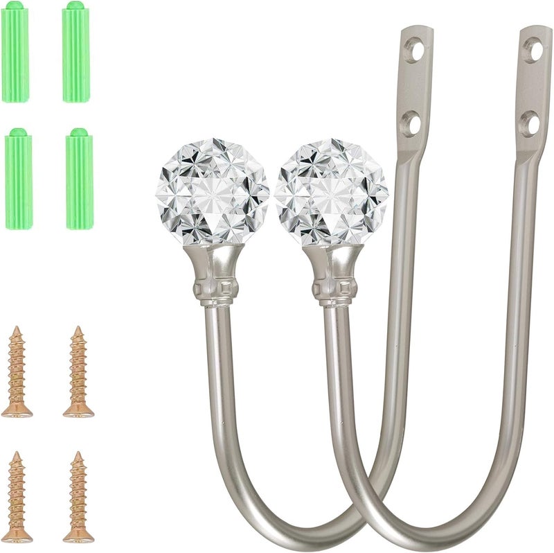 HEMOUR Curtain Holdback, 2pcs Wall Mounted Drapery Tiebacks with Clear Crystal Ball, Heavy Duty Metal Decorative Window Drapery Curtain Holder Curtain Hooks with Screws, Sliver - Image 2