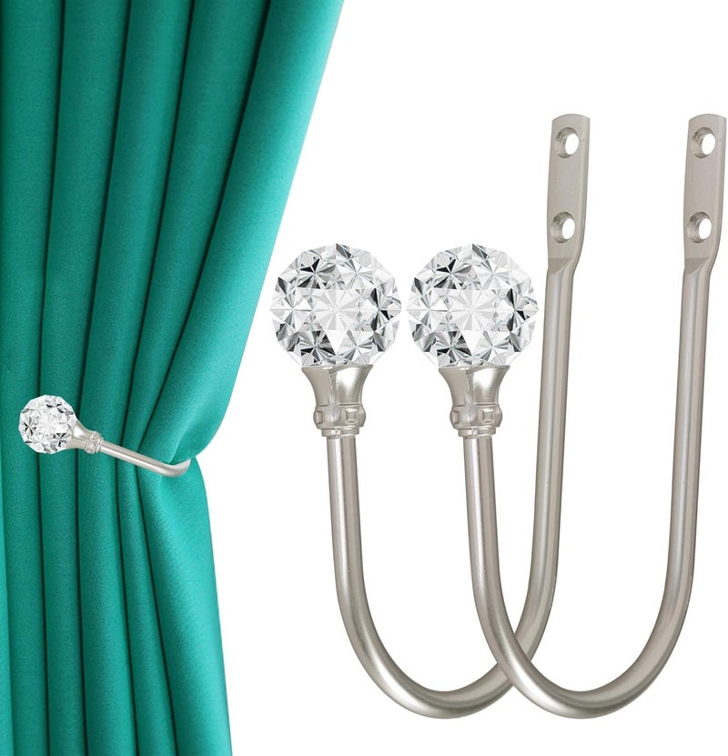 HEMOUR Curtain Holdback, 2pcs Wall Mounted Drapery Tiebacks with Clear Crystal Ball, Heavy Duty Metal Decorative Window Drapery Curtain Holder Curtain Hooks with Screws, Sliver - Image 1