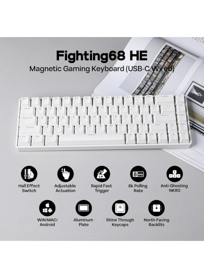 فتير لوحة مفاتيح ألعاب مغناطيسية Fighting68 HE مع تشغيل قابل للتعديل، دقة RT 0.08 مم، مفتاح مغناطيسي خطي Aurora، معدل اقتراع 8K، لوحة مفاتيح سلكية USB-C مدمجة 68 مفتاحًا، قابلة للتبديل السريع، إضاءة خلفية RGB (خطوط بيضاء) - Image 4