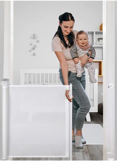 BAYBEE Retractable Baby Safety Gate Baby Fence Barrier Pet Dog Gate With Expandable Up To 140Cm Width 80 Cm Height Child Kids Safety Gate Baby Gate For House Stairs Doorways Safety Gate For Baby White  - Image 1
