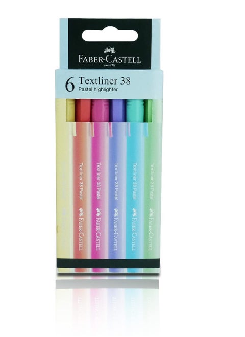 Faber-Castell Textliner 38 Pastel Super-Fluorescent Highlighter Pen - Assorted Color (Pack Of 6), Unique Soft Pastel Colors, Clipped Holder, Slim & Easy To Grip