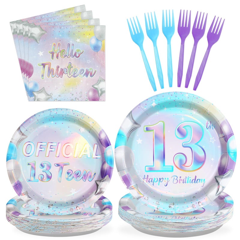 Grencian 96Pcs 13th Birthday Decorations Iridescent 13th Birthday Party Plates Disposable 350GSM Official Teenager 13th Birthday Tableware Set for Teen Girls Happy 13th Birthday Party, Serves 24 - Image 1