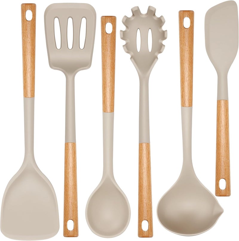NCUE Kitchen Utensils Set, Large Non-stick Silicone Cooking Utensils Set 6 Pcs, Wooden Handle Heat Resistance Silicone Spatula Soup Ladle Pasta Server Kitchen Gadgets Utensils Set BPA Free (Khaki) - Image 1