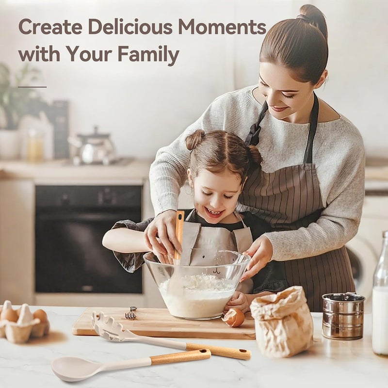 NCUE Kitchen Utensils Set, Large Non-stick Silicone Cooking Utensils Set 6 Pcs, Wooden Handle Heat Resistance Silicone Spatula Soup Ladle Pasta Server Kitchen Gadgets Utensils Set BPA Free (Khaki) - Image 2