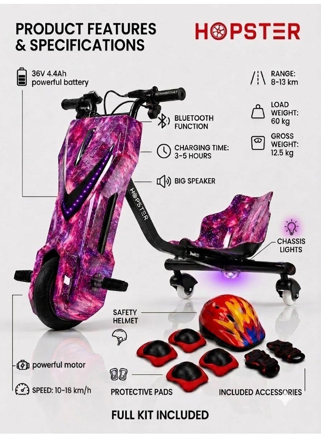 Hopster Kid's Advanced Electric Drift Scooter for Kids with 250W High-Power Motor, Large 8 inch wheels, Comfortable Racing Seat, Rear Drift Wheel System, Long-Lasting Rechargeable Battery Purple finish - Image 2