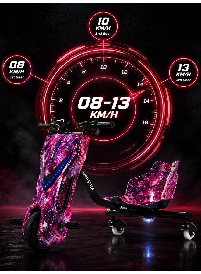 Hopster Kid's Advanced Electric Drift Scooter for Kids with 250W High-Power Motor, Large 8 inch wheels, Comfortable Racing Seat, Rear Drift Wheel System, Long-Lasting Rechargeable Battery Purple finish - Image 5