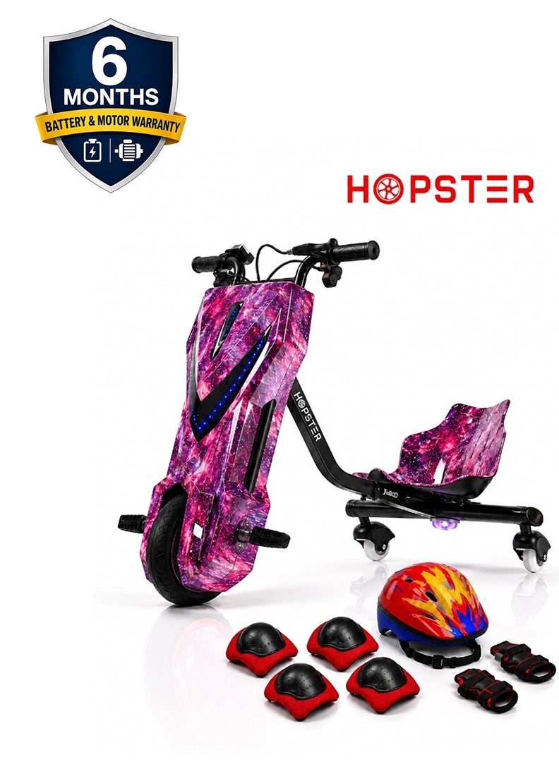 Hopster Kid's Advanced Electric Drift Scooter for Kids with 250W High-Power Motor, Large 8 inch wheels, Comfortable Racing Seat, Rear Drift Wheel System, Long-Lasting Rechargeable Battery Purple finish - Image 1