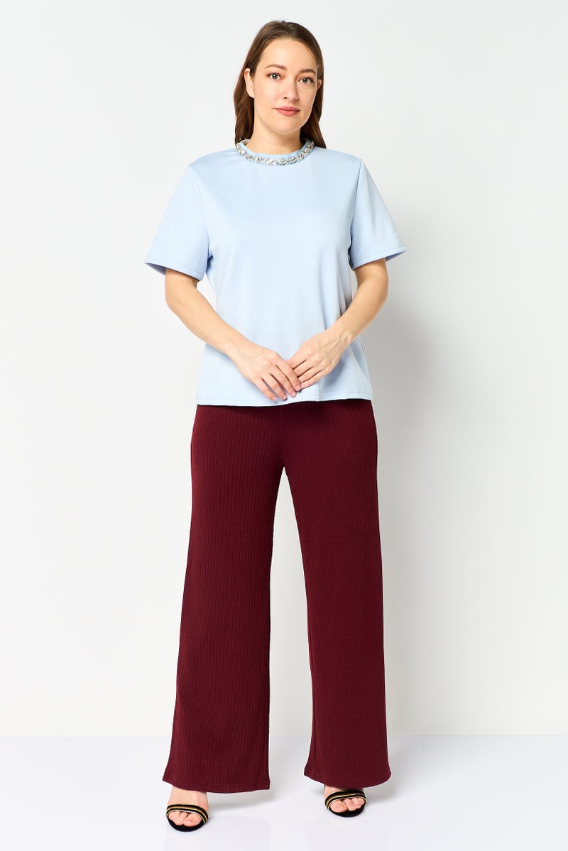 bebe Women Crew Neck Plain Short Sleeve Top, Light Blue - Image 4