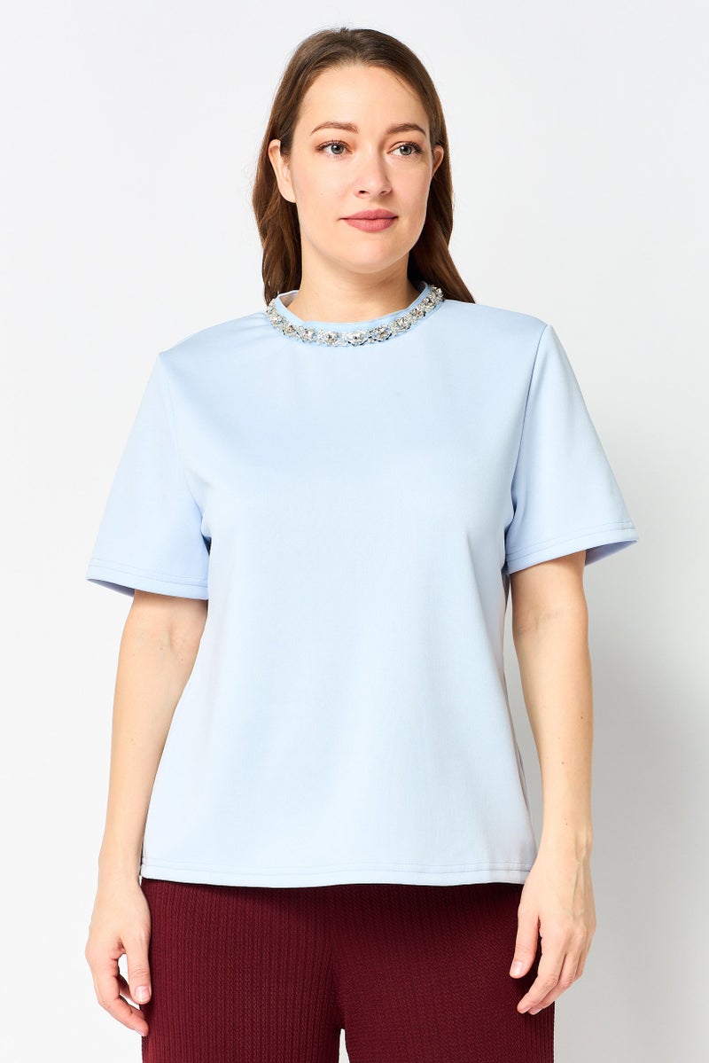 bebe Women Crew Neck Plain Short Sleeve Top, Light Blue - Image 1