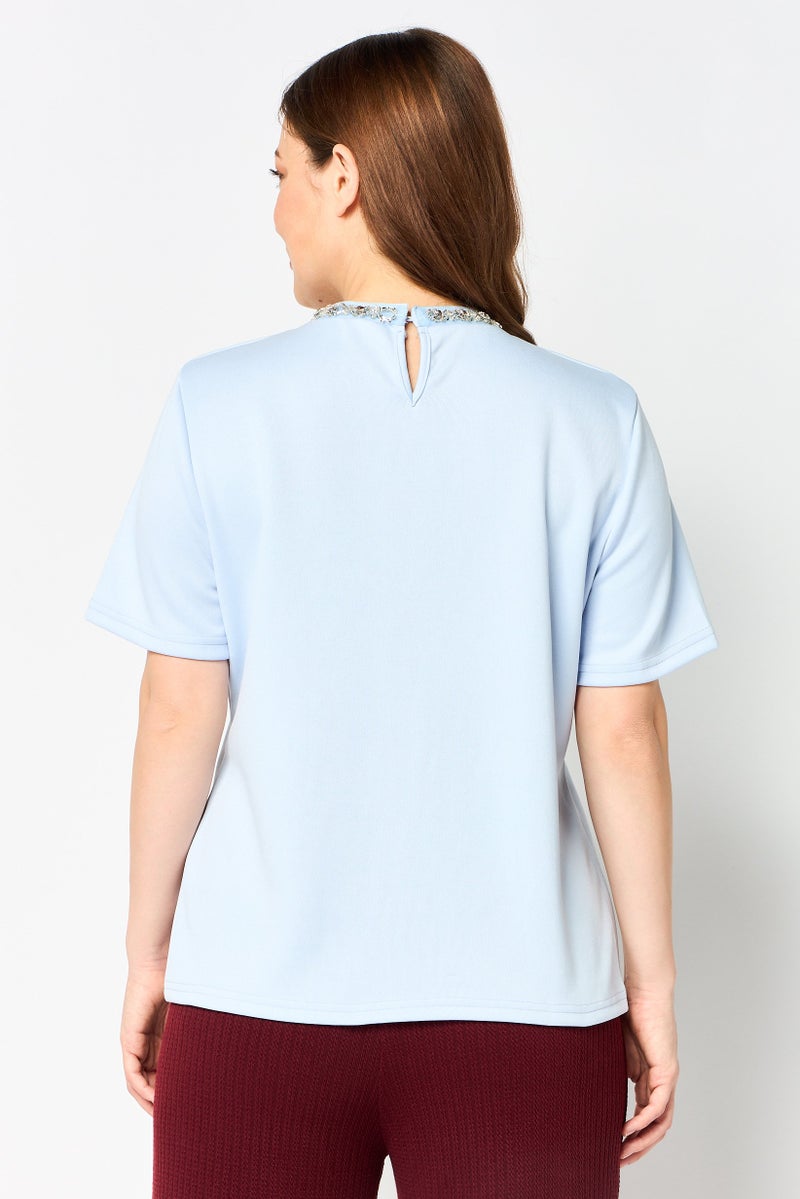 bebe Women Crew Neck Plain Short Sleeve Top, Light Blue - Image 3