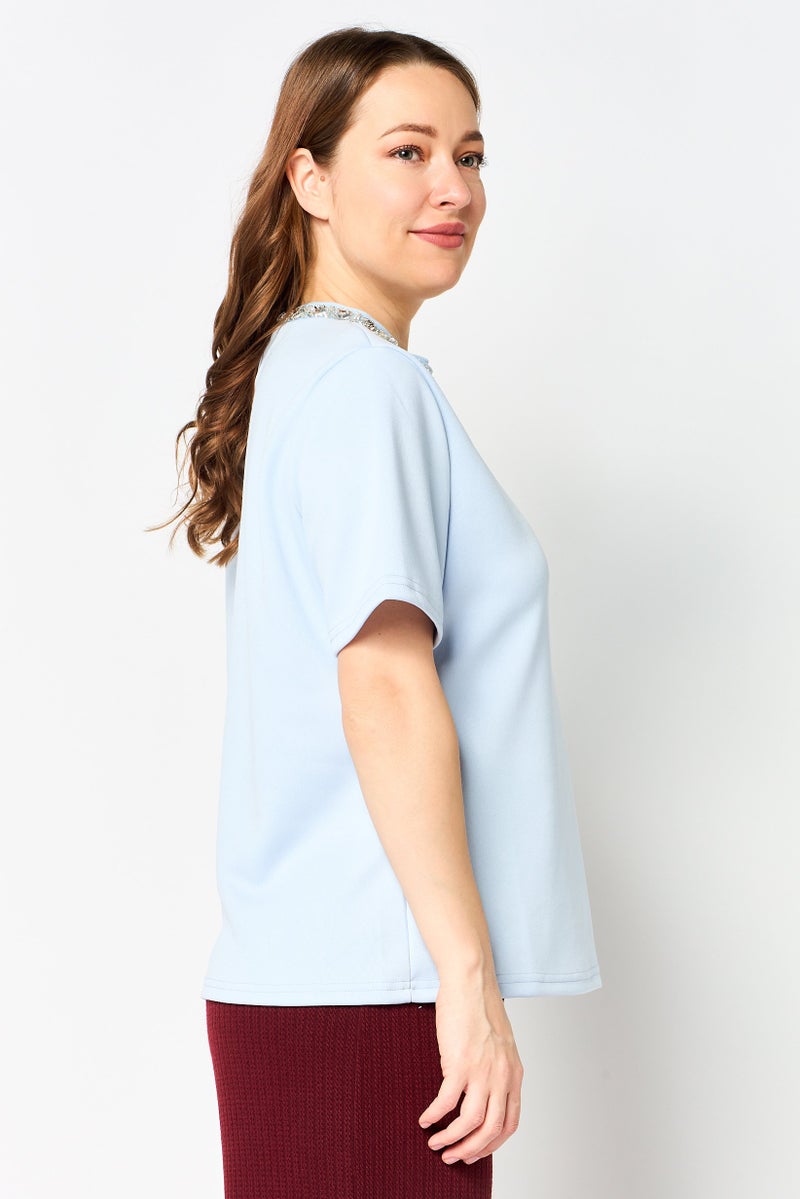 bebe Women Crew Neck Plain Short Sleeve Top, Light Blue - Image 2