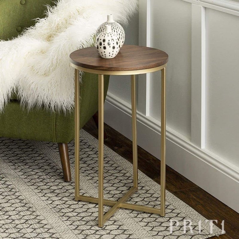 Priti Modern Round Side End Accent Table Living Room WalnutGold - Image 2