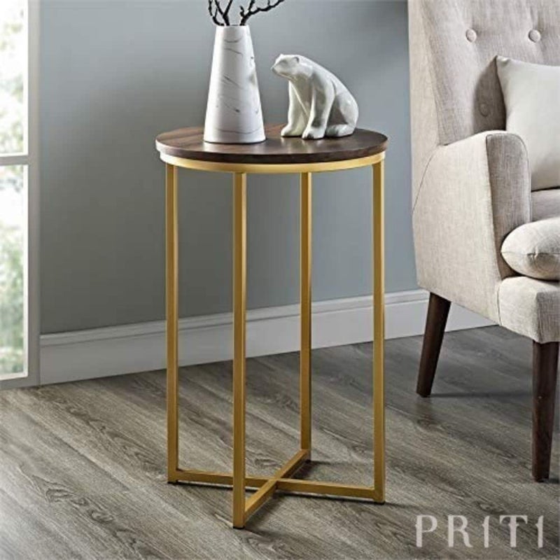 Priti Modern Round Side End Accent Table Living Room WalnutGold - Image 4