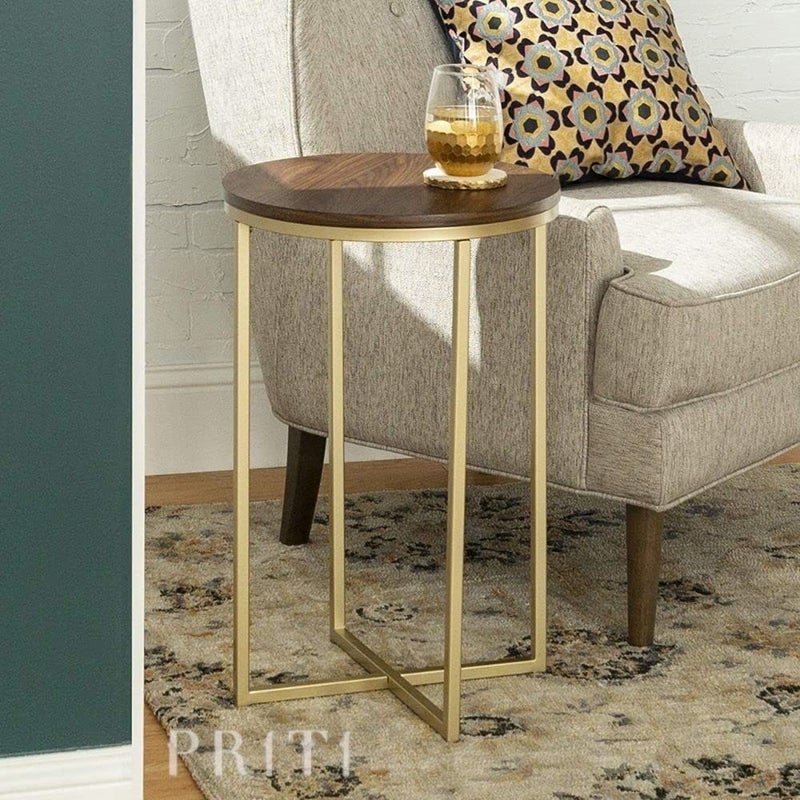 Priti Modern Round Side End Accent Table Living Room WalnutGold - Image 5