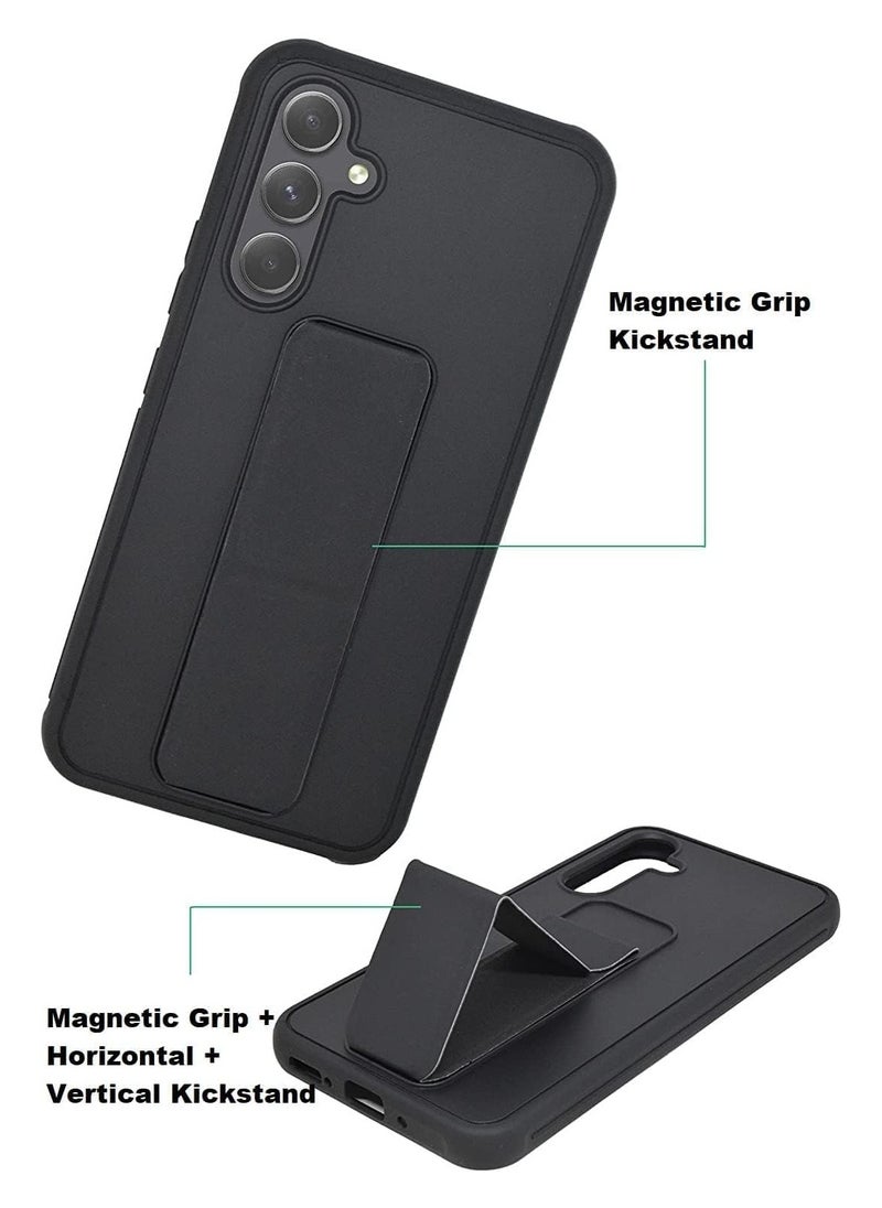 Samsung Galaxy A16 Case with Kickstand and Magnetic Holder, Premium Vertical Strap and Grip with Silicone Holder, multiple viewing positions for Samsung Galaxy A16 (Black)