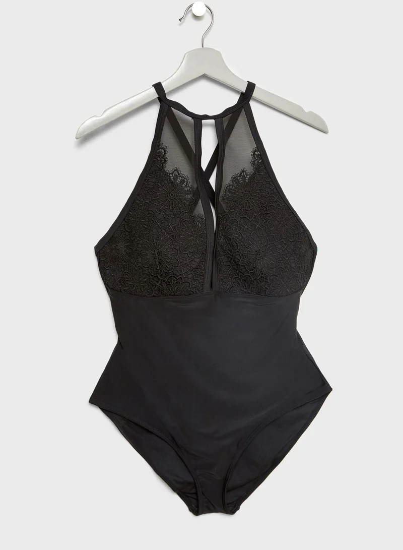 Hunter McGrady Hunter McGrady High Neck Lace Panel Swimsuit