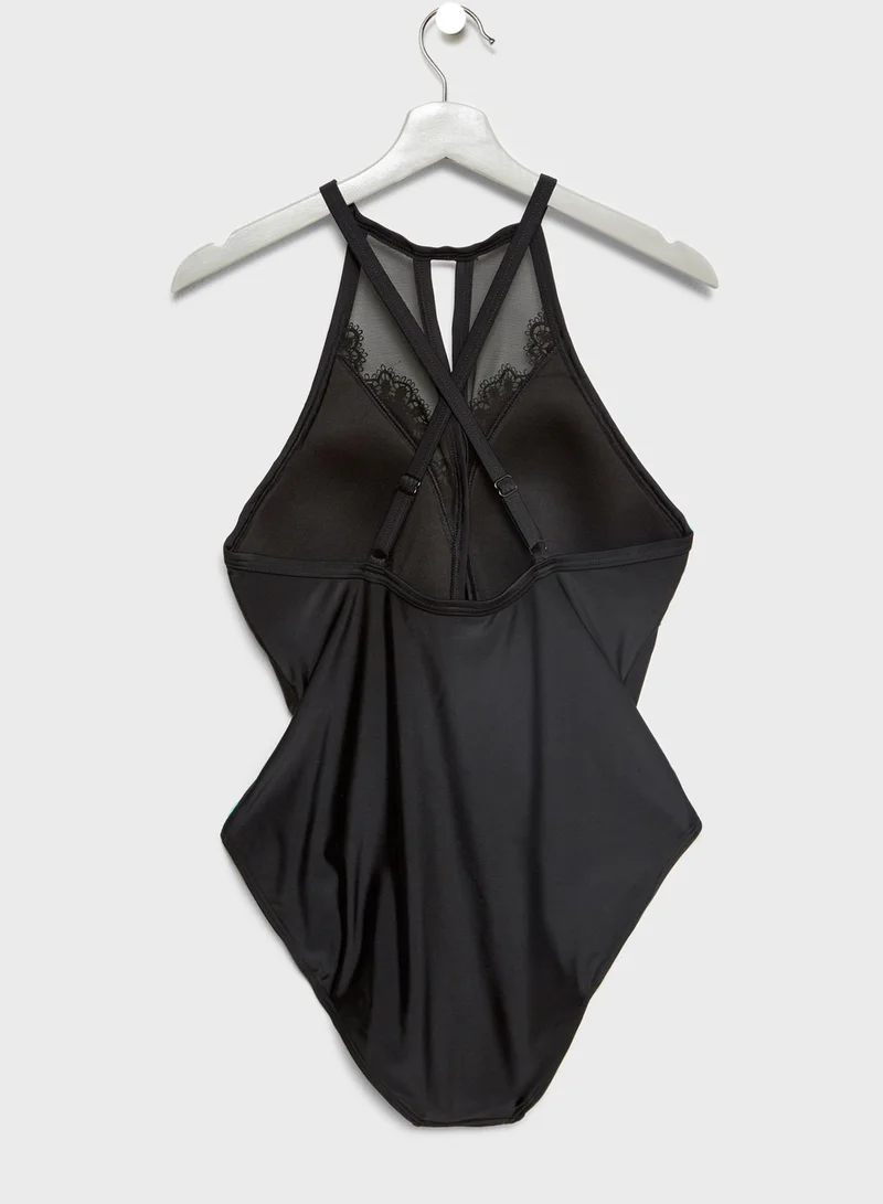 Hunter McGrady Hunter McGrady High Neck Lace Panel Swimsuit