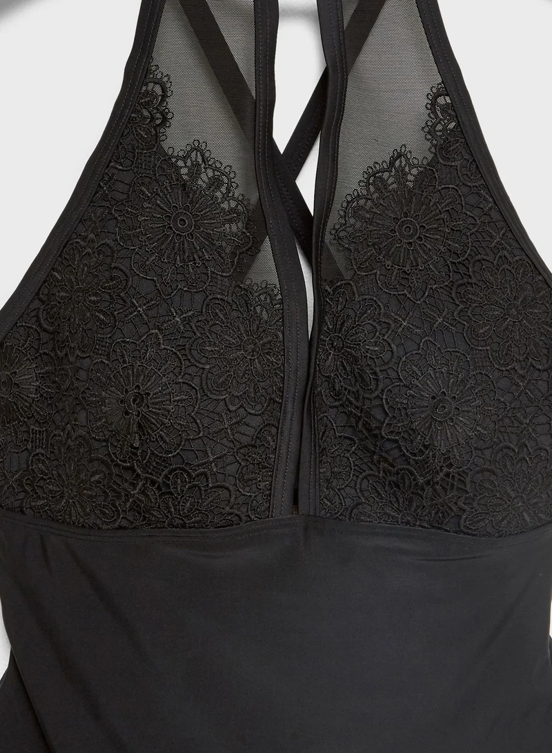 Hunter McGrady Hunter McGrady High Neck Lace Panel Swimsuit