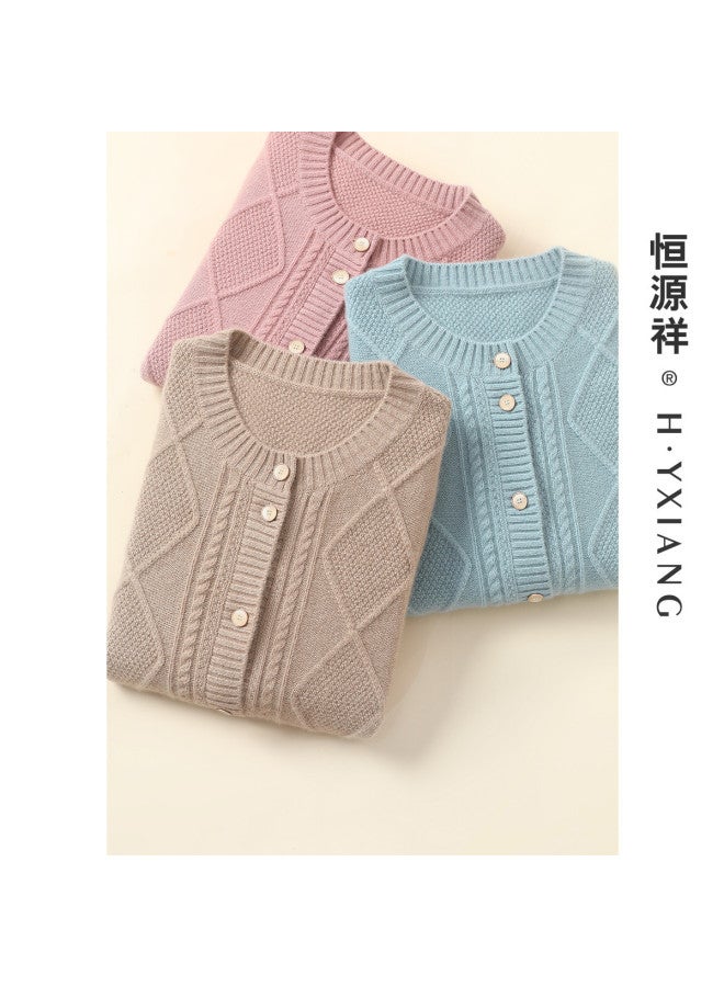 Hengyuanxiang 360G Thick [Pure Cashmere With Chunky Knit] Cashmere Sweater Round Neck Cardigan Autumn Winter Knitted Jacquard Sweater Coat - Image 3