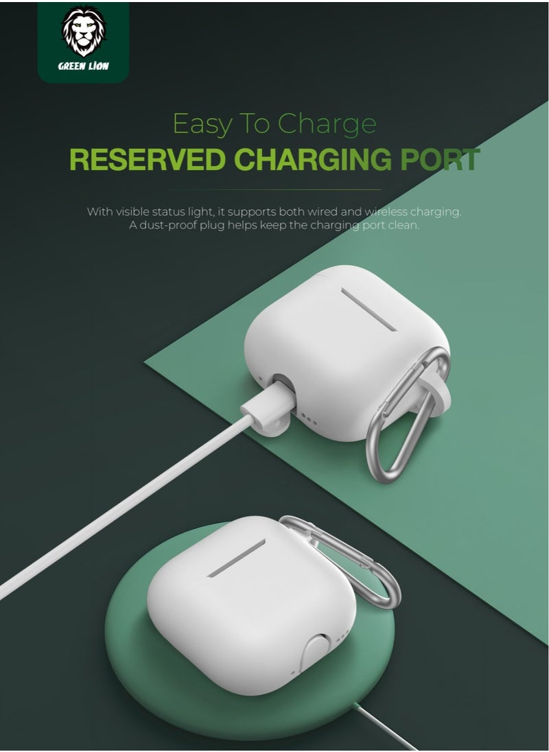 GREEN LION Berlin series Silicone Case for AirPods 4 / Shock Absorbent / 360° Full Protection / Washable Material / Portable Metal Carabiner / Skin Friendly Silicone - White  - Image 2