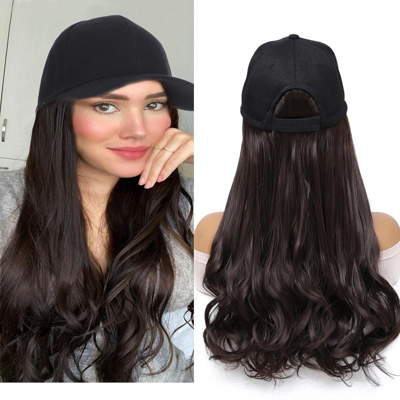 Yunkang Hat Wig Baseball Cap With Long Wavy Ends Straight Hair Extensions Attached Heat Resistant Synthetic Fiber Hair Replacement Wigs in Hat for Woman Girls Brown 18inch