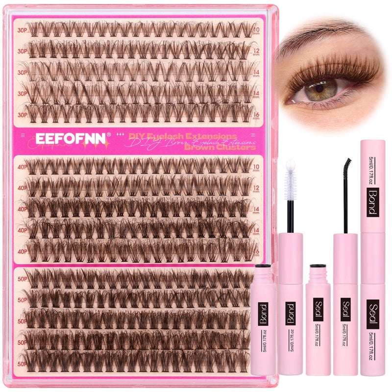 Eefofnn Brown Eyelash Clusters Kit 300 Pcs Natural Lash Clusters Kit 30P+40P+50P Brown Cluster Eyelash Extensions Kit Wispy Individual Lashes Bond and Seal Glue Fuzzy Lashes Extension Kit DIY at Home - Image 1