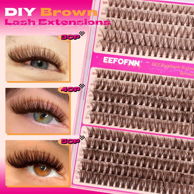 Eefofnn Brown Eyelash Clusters Kit 300 Pcs Natural Lash Clusters Kit 30P+40P+50P Brown Cluster Eyelash Extensions Kit Wispy Individual Lashes Bond and Seal Glue Fuzzy Lashes Extension Kit DIY at Home - Image 2