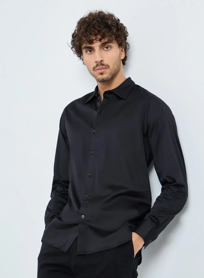 Styli Styli Men Black Plain 60s Satin Long Sleeve Slim Fit Shirt