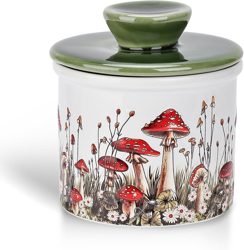 Fungi Fun وعاء زبدة الفطر، طبق زبدة فرنسي خزفي مع غطاء لسطح العمل، ملحقات مطبخ فطر زخرفية وديكور مطبخ، حاوية خزفية محكمة الإغلاق وحافظ. أبيض، أحمر وأخضر - Image 1