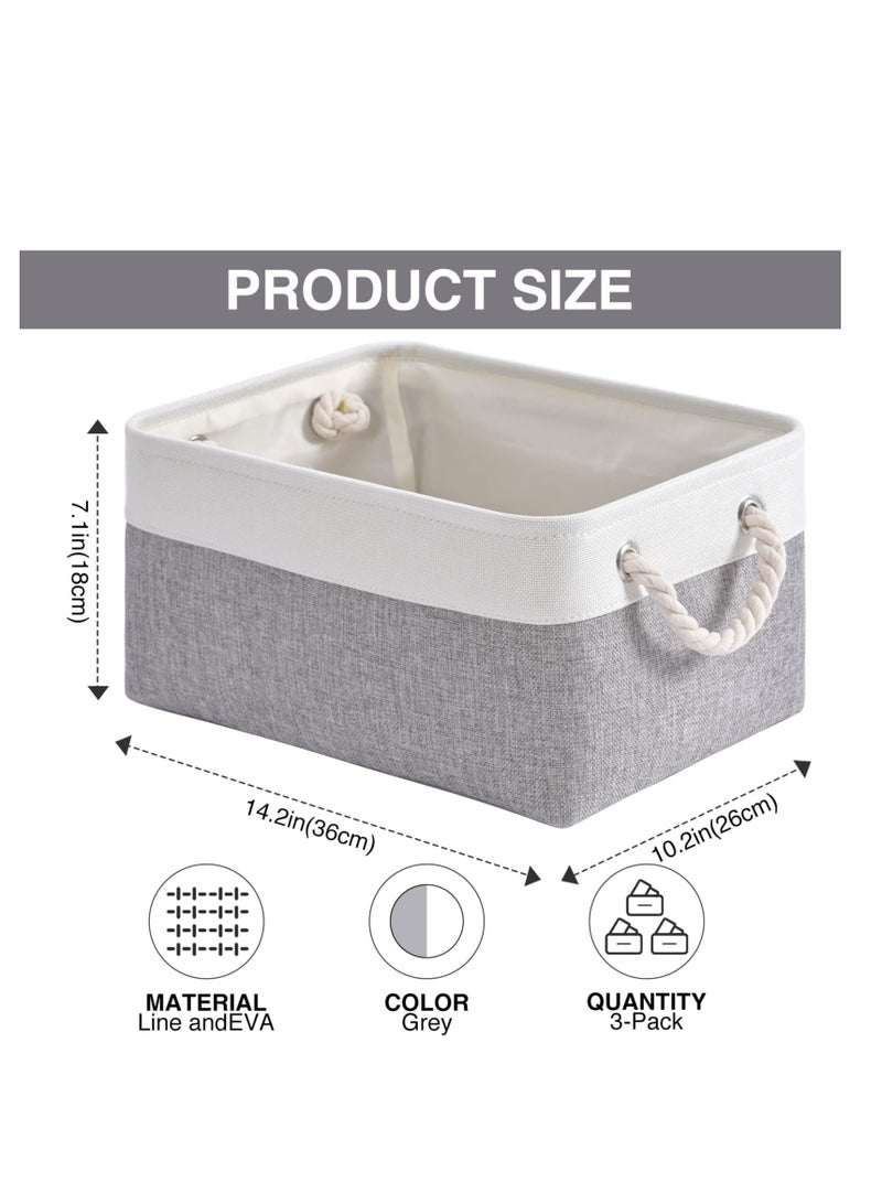 KASTWAVE 1 Pack Foldable Linen Canvas Storage Boxes, Fabric Storage Baskets with Handles, Suitable for Toys, Clothes, Office Products(36x26x16cm, White and Grey) - Image 2