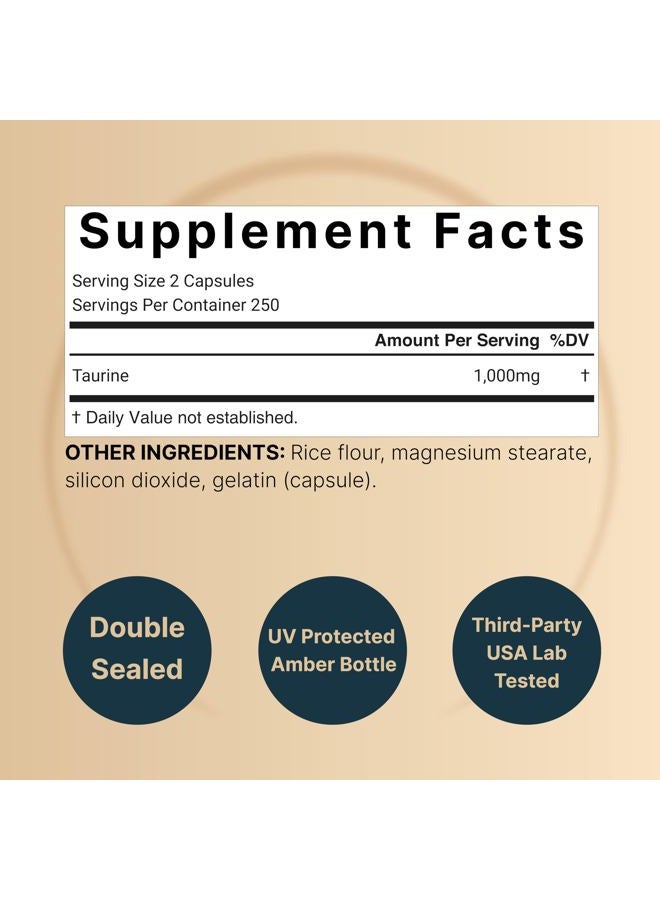 NatureBell Taurine 1,000mg Per Serving, 500 Capsules | Essential Amino Acids Supplement – Double Strength – Antioxidant Support for Heart, Muscle, Brain, & Liver Health – Non-GMO, Gluten Free - Image 2