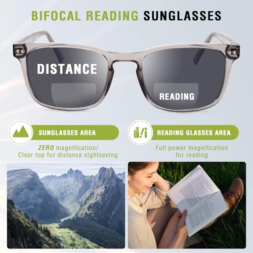 DEHOTRE Bifocal Reading Sunglasses Men Clear Top Sun Readers Driving with Metal Core Wire Acetate Frame UV400 Spring Hinge Grey 225 - Image 5