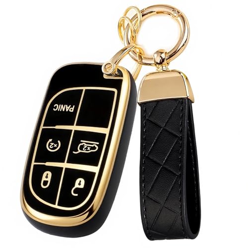 AAWQVRG Key Fob Cover for Jeep - Premium Soft TPU Shell Full Protection Case with Keychain, Fits Grand Cherokee Compass Renegade Chrysler Dodge RAM Durango Challenger Journey Dart Fiat, Black-Gold, 5-Button - Image 1