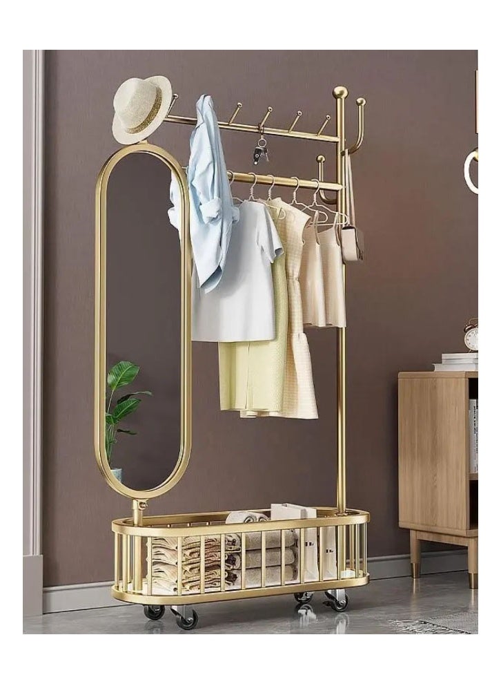 NKX Thickened Medium Light Luxury Gold 80cm Coat Rack [Rotating Mirror, 4-Hook Storage Basket, Universal Wheels] - Image 1
